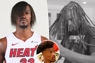 Jimmy Butler with a blow out in Miami Heat jersey on the left and dreads on the right in black and white photo