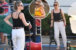 A split photo of Amber Heard walking with a crutch and another photo of Amber Heard walking with a crutch and a small photo of Amber Heard holding her daughter