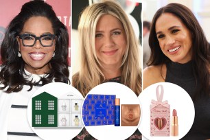 Oprah, Jennifer Aniston and Meghan Markle with insets of gift sets from Dr. Barbara Sturm, Augustinus Bader and Charlotte Tilbury