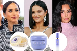 Meghan Markle, Selena Gomez and Kim Kardashian with insets of Tatcha products