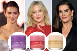 Kendall Jenner, Kate Hudson and Brooke Shields with insets of three Laneige lip masks