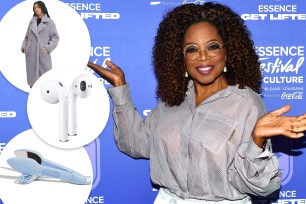 Oprah with an inset of Nori press, Apple earbuds and a coat