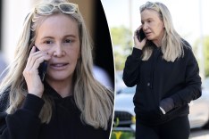 Two split photos of Shannon Beador walking and talking on the phone