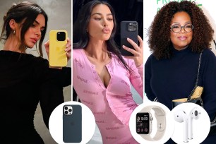 Kendall Jenner, Kim Kardashian and Oprah with insets of Apple products