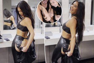 Two pictures of Kim Kardashian with ripped latex pants and one photo of her beauty team trying to tape them back onto her