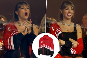 Taylor Swift Chiefs jacket split image.