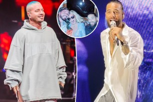 Split images of J Balvin and Maluma with an inset of Britney Spears with J Balvin and Maluma.