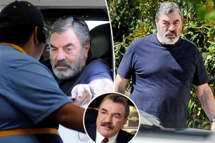 Tom Selleck rocking a full facial beard during a rare public appearance last month. He was in a black t-shirt.