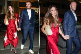 Two pictures of David and Victoria Beckham on a date in New York City. Victoria had on a red silky dress, while David dressed in a blue pinstripe suite.