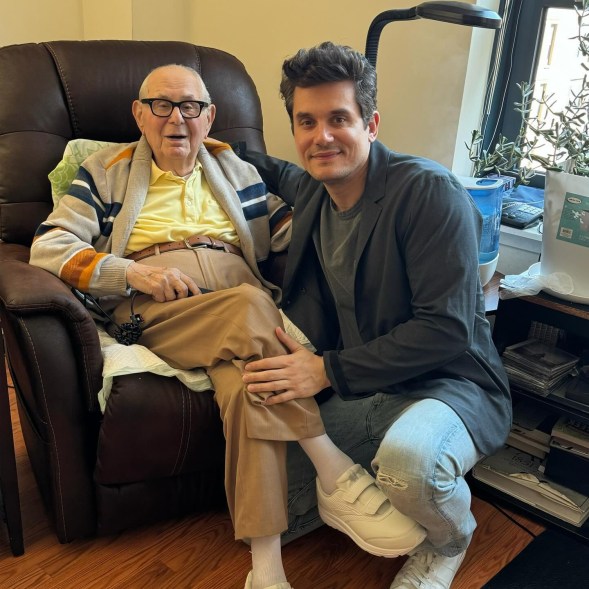 POP A SQUAT: John Mayer (right) sings that fathers should be good to their daughters, but when it comes to his dad Richard’s 96th birthday, sons need to return the favor.