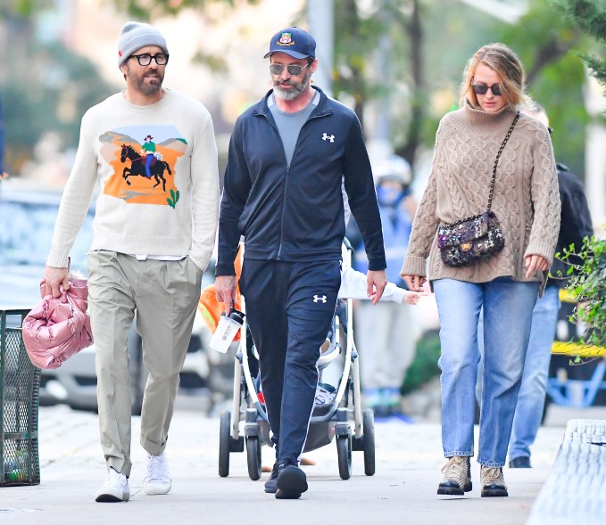 PACK ANIMALS: Wolverine Hugh Jackman (center) turns 55 and hangs with his pups, Ryan Reynolds and Blake Lively, in Tribeca.